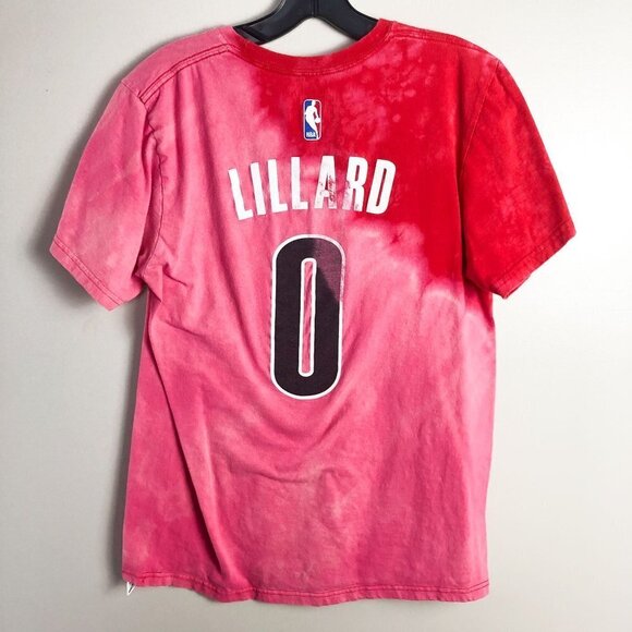 Adidas Portland Trail Blazers Lillard 0 Split Tie dye Go-to T Shirt Pink Red Med - Picture 5 of 7
